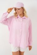 3900 Oversize Kareli Gömlek - Y.Pembe resmi